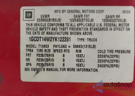 2000 Chevrolet S-10 Ls z USA, uszkodzony, nr VIN 1GCDT14W2YK122291